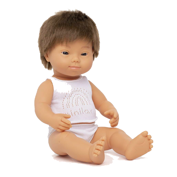 Puppe braunhaariger Junge mit Trisomie 21