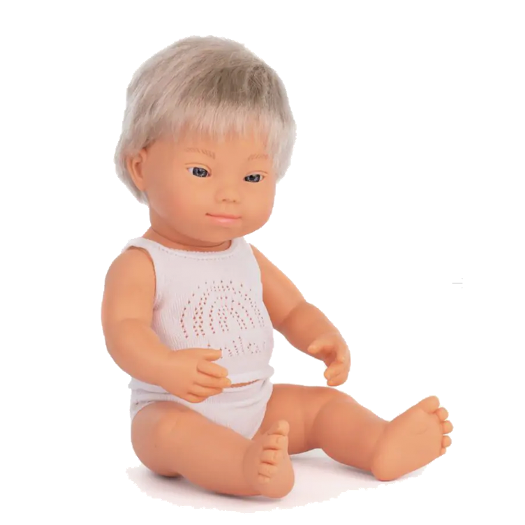 Puppe blonder Junge mit Trisomie 21