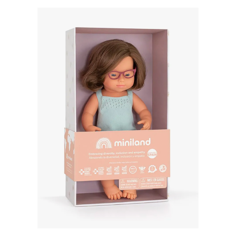 Puppe braunhaariges Mädchen mit Trisomie 21 und Brille - 0
