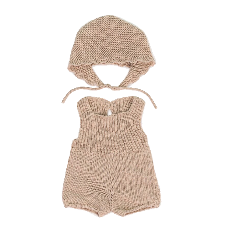 Puppenkleidung gestrickt Strampler und Mütze beige