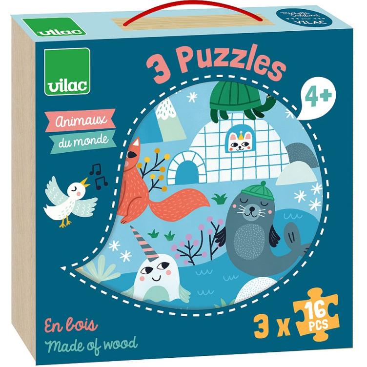 Holzpuzzle-Set im Koffer `verschiedene Tiere der Welt`