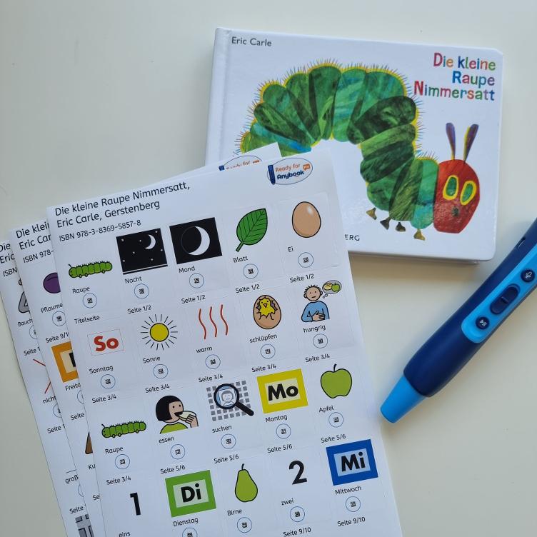 Die kleine Raupe Nimmersatt - Aufkleber mit METACOM Symbolen und Codes für den Anybookreader