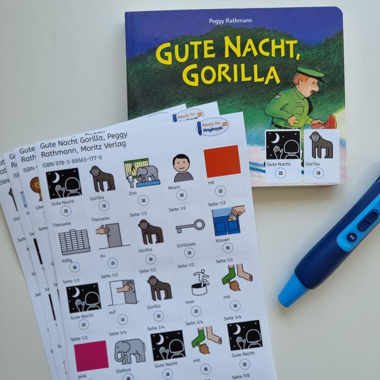 Gute Nacht Gorilla - Aufkleber mit METACOM Symbolen und Codes für den Anybookreader