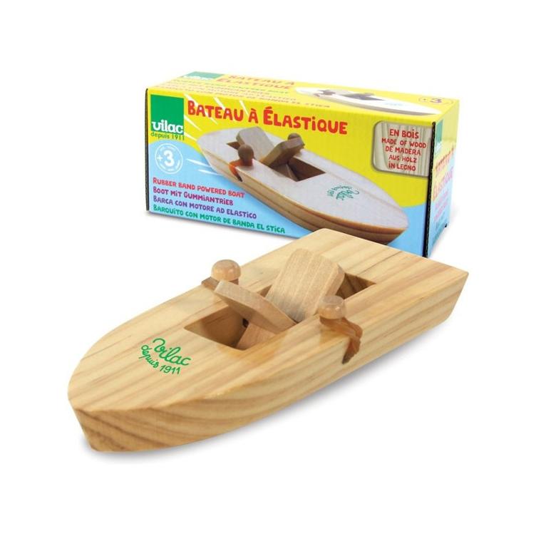 Holzboot mit Elastikgummi