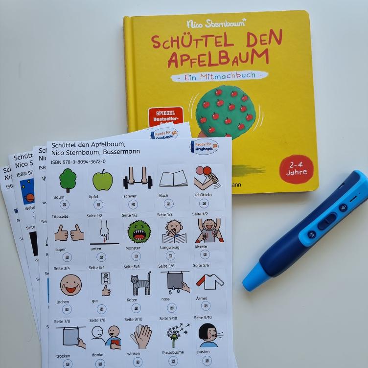 Schüttel den Apfelbaum - Aufkleber mit METACOM Symbolen und Codes für den Anybookreader